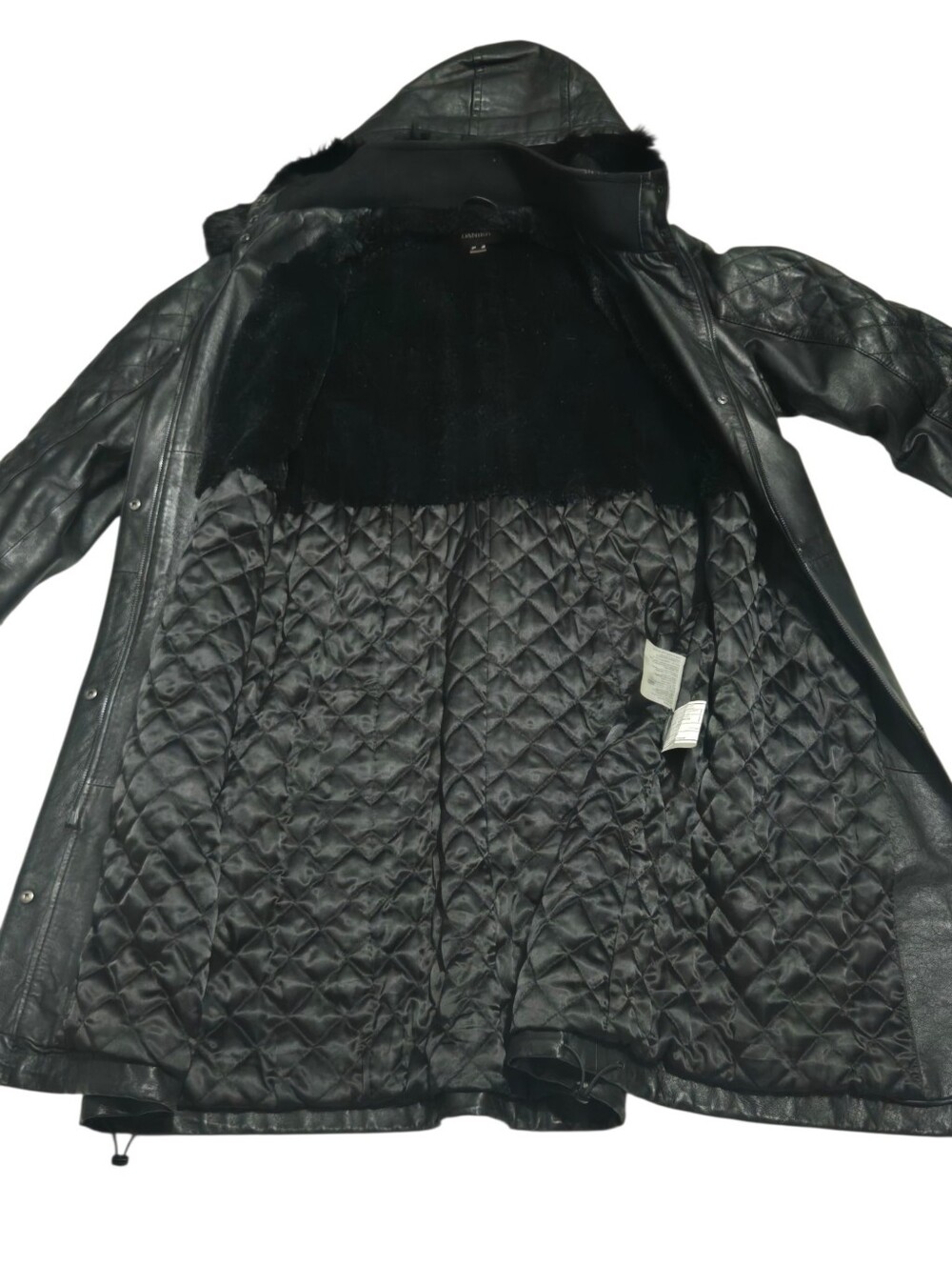 Danier Genuine Leather Coat Large Black Rabbit Fur Trim Quilted Sleeves - Picture 6 of 12